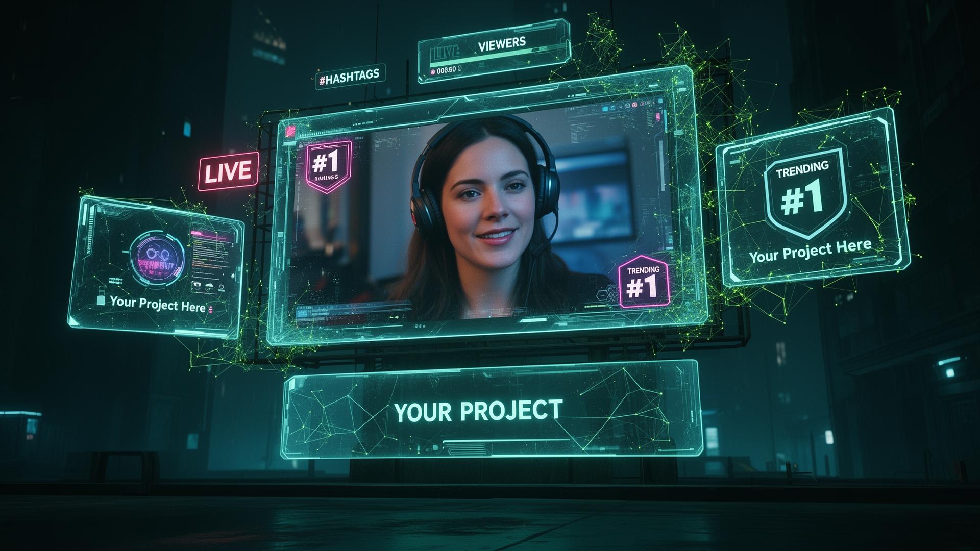 Live video streaming digital billboard concept showing trending #1 broadcasts