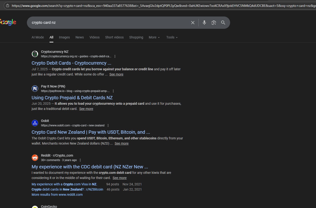 Google search result for "crypto card nz" — #2 Organic